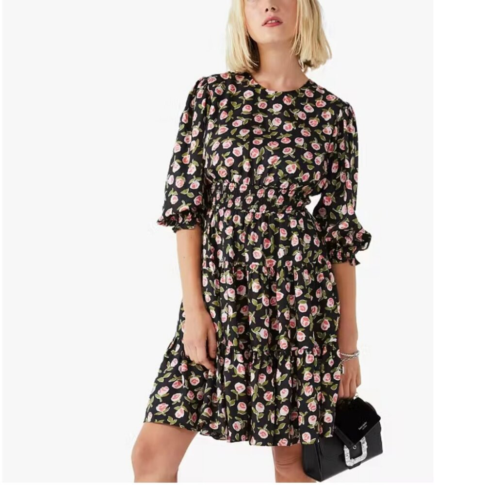 NWOT Kate Spade Black Ditsy Roses 3/4 Sleeve Silk Blend Flirt Dress, Size M‎